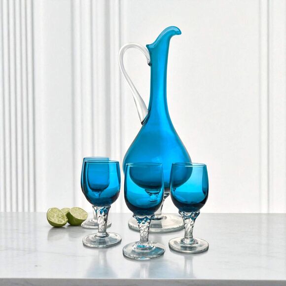 Vintage Cobalt Blue Art Glass Decanter Set: Mid-Century Modern Barware - Picture 1 of 10